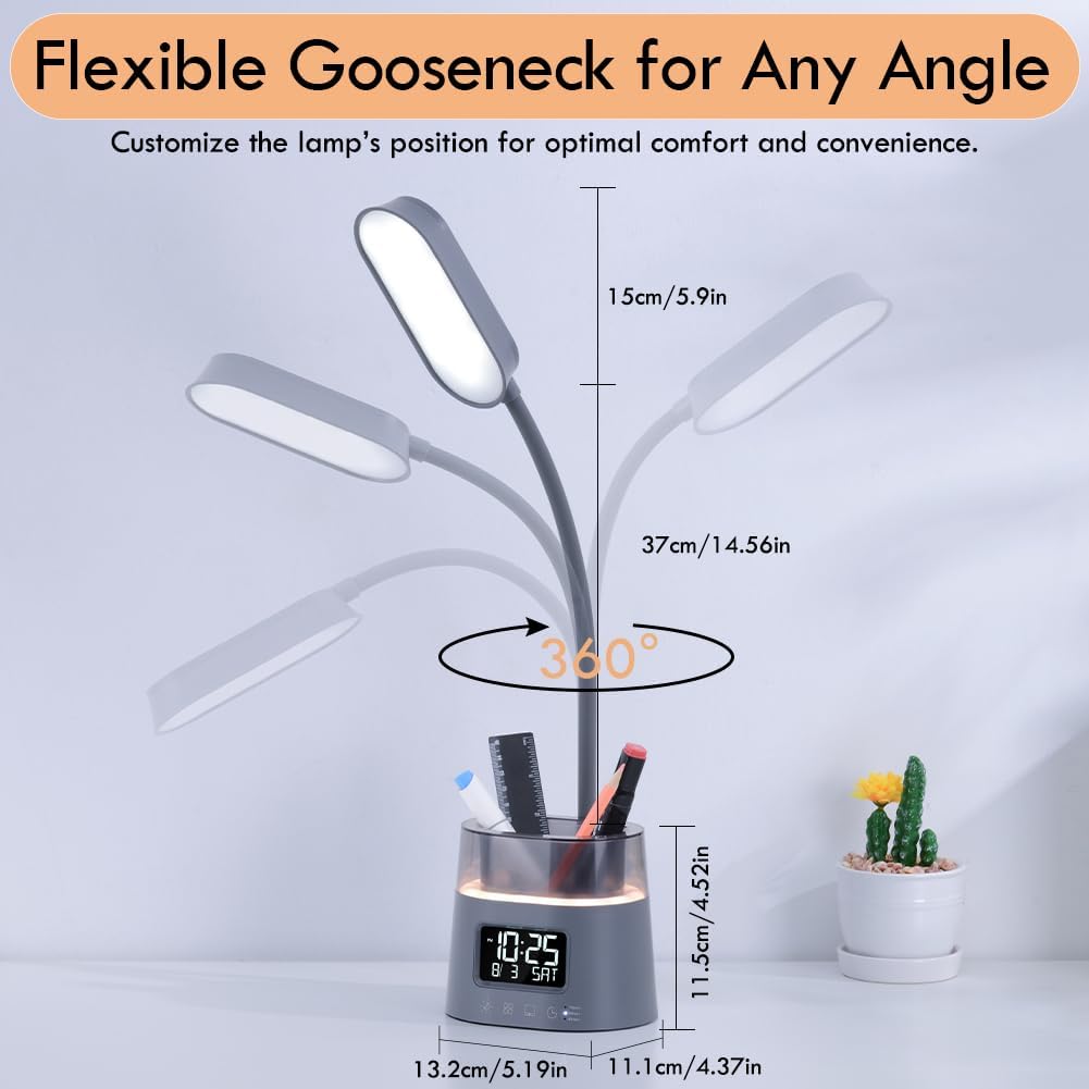 Led Desk Lamp with Pen Holder, Touch Lamps for Nightstand Eye-Caring Bedside Reading Light with Clock, Office Lamps Stepless Dimming, Lamp for Dorm Room, Suitable for Kid/Girl/Boy (Gray)