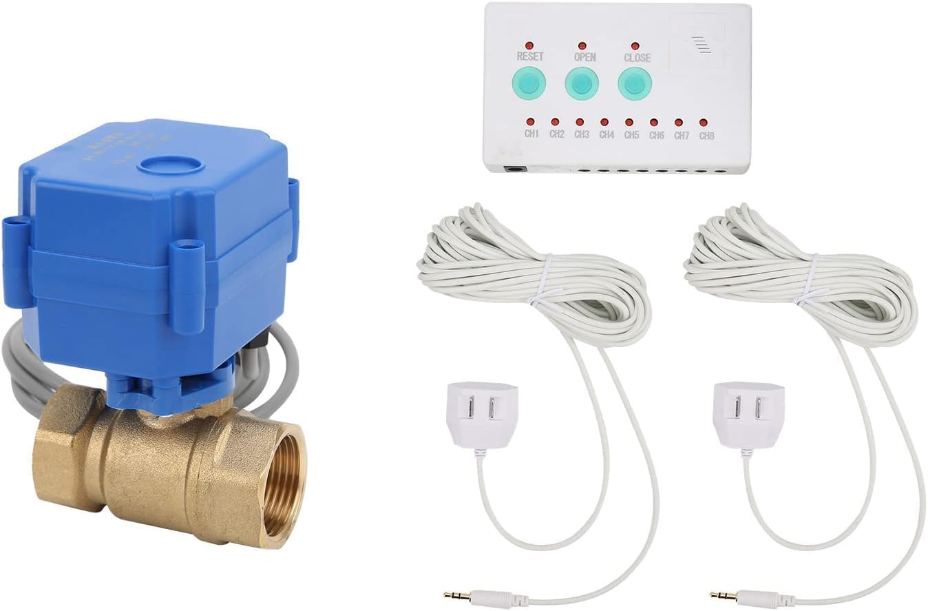 Water Leak Detector with 3/4” Brass Automatic Shut-Off Valve, Leak Alarm System with Controller and 2 Sensors, Supports Up to 8 Water Sensors for Home Flood Prevention