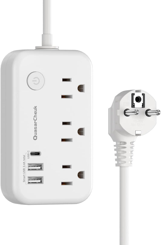 Type E/F Plug Adapter, European Plug Adapter, Germany France Travel Adapter | 3 USB, 3 Outlets, Portable, 4000W, USB-C(15W), 4FT, Schuko Plug for US to Europe EU Spain Iceland Korea Greece Norway Russia