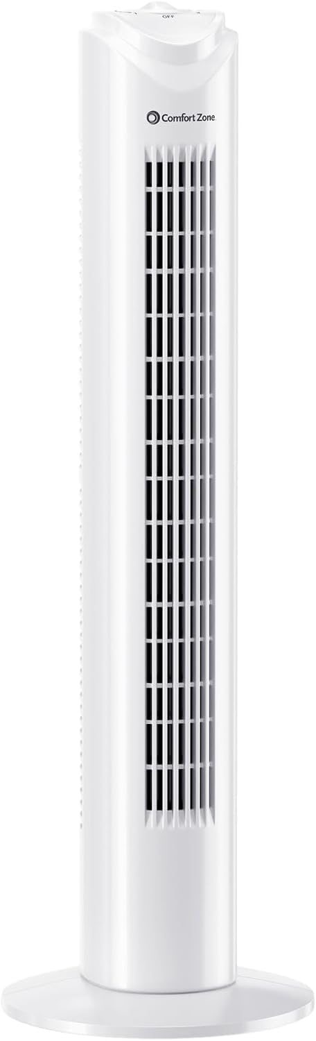 Comfort Zone 32-Inch Oscillating Tower Fan – Ultra-Slim Bladeless Design with 3 Speeds, 90° Wide Oscillation & Built-in Carry Handle – Quiet Portable Standing Fan for Bedroom, Home, or Office, White