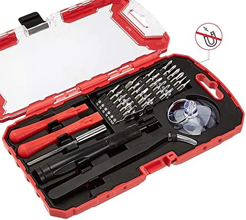 Amazon Basics Precision Screwdriver Set, 32-Piece Electronics Repair Tool Kit for Laptops, Smartphones, Eyeglasses, Watches, Magnetic Tip, Red