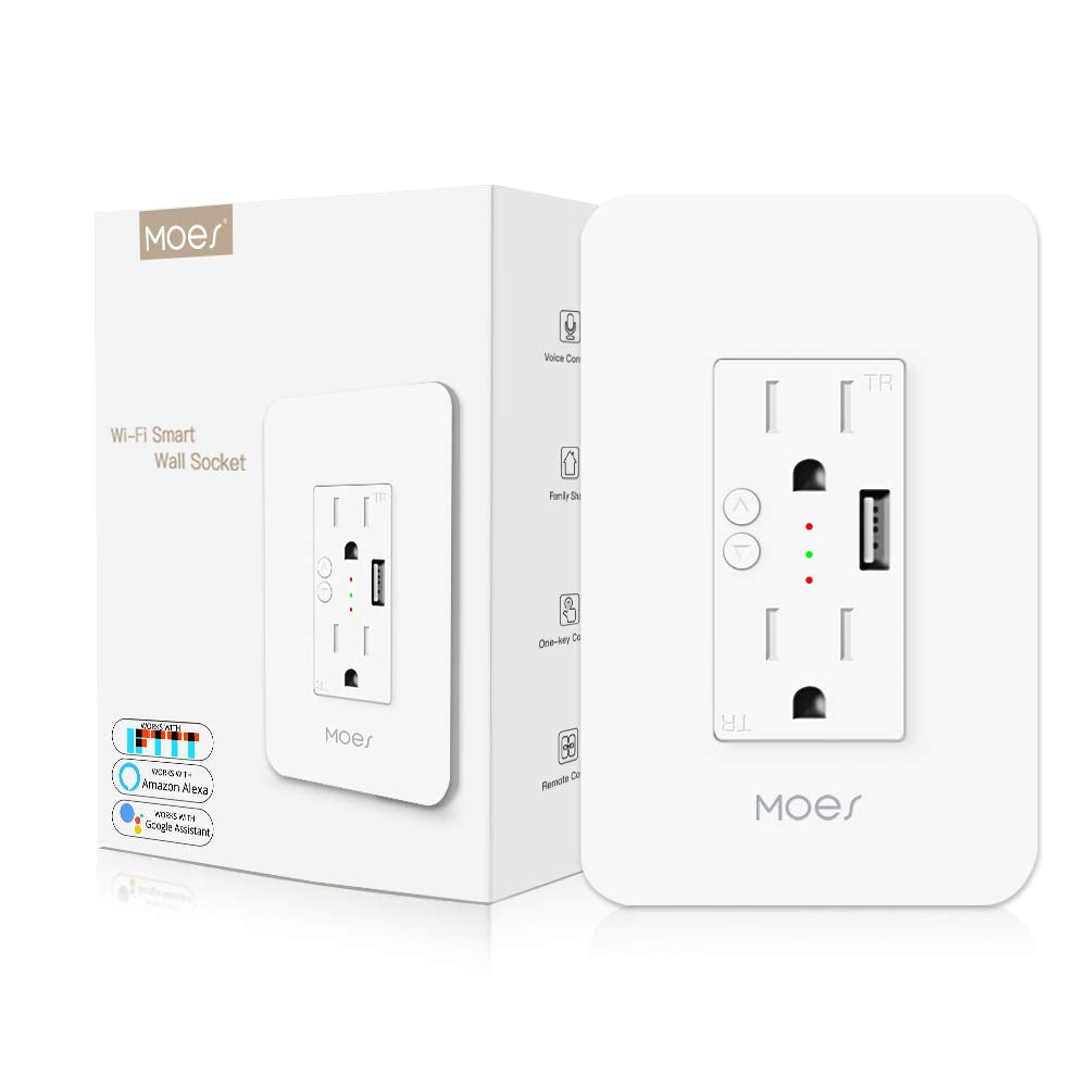 MOES Smart in-Wall Outlet, USB-A, 15A, 2.4GHz WiFi, No Hub Required | Smart Life/Tuya APP Remote Control, Works with Alexa and Google Assistant for Hands-Free Voice Control