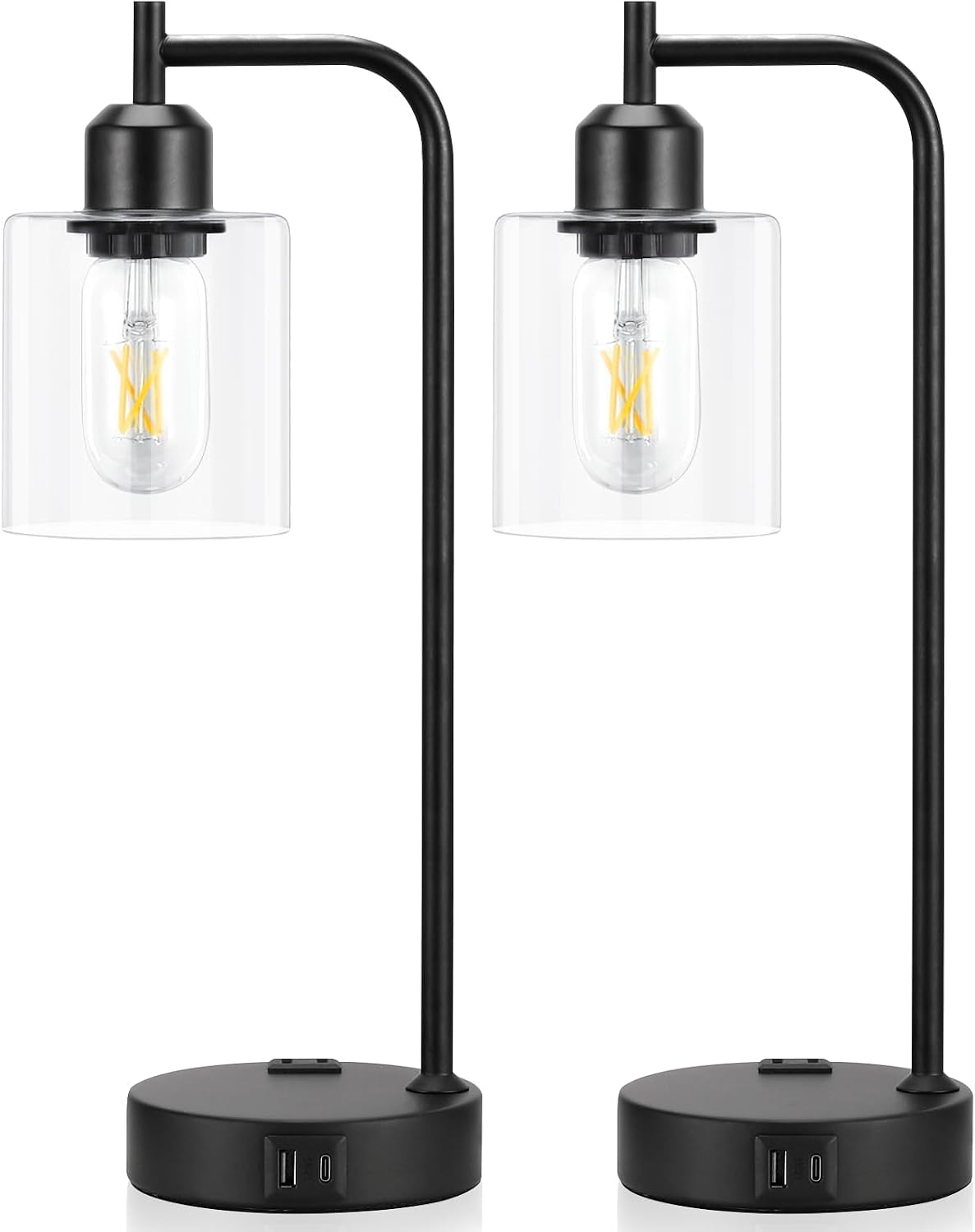 Industrial Touch Lamps for Nightstand Set of 2, 3-Way Dimmable Bedside Lamp | Glass Shade, USB C+A Charging Port & Outlet, Black Desk Lamps for Bedroom, Living Room, Home Office, Reading