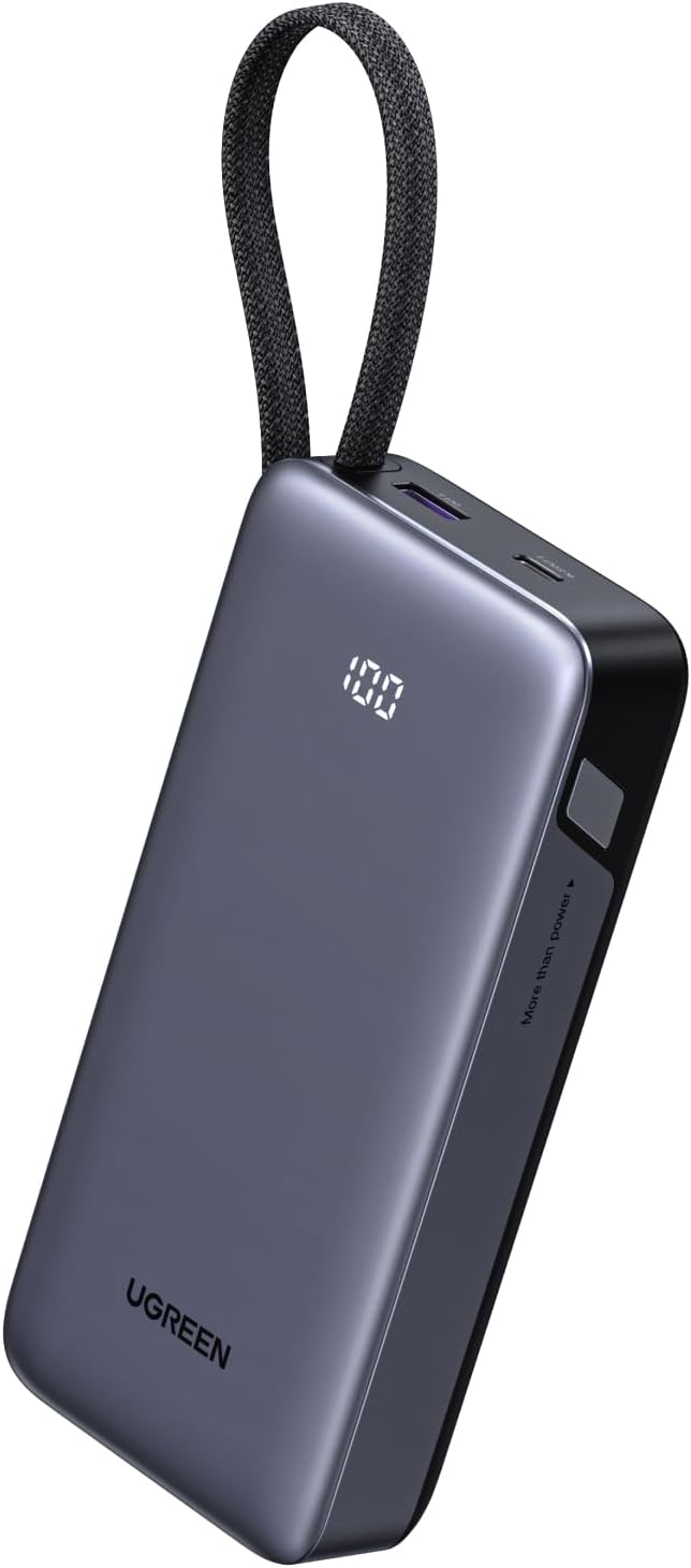 UGREEN Nexode 20000mAh 45W Power Bank, Built-in Cable for iPhone 17 Pro | Built-in USB-C cable, digital display, 3-port. Fast charges for iPhone 17 Pro, S26 Ultra, iPad Pro