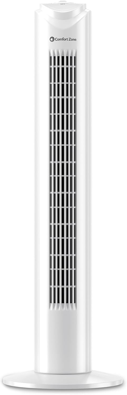 Comfort Zone 32-Inch Oscillating Tower Fan – Ultra-Slim Bladeless Design with 3 Speeds, 90° Wide Oscillation & Built-in Carry Handle – Quiet Portable Standing Fan for Bedroom, Home, or Office, White