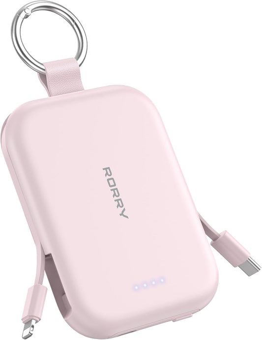 RORRY CharmGo Portable Charger, 5000mAh Power Bank with Built-in Cables | 20W,Keychain,Travel Essential,Battery Pack,USB-C,Compact,All in Mini,for iPhone 17/16/15,for AirPods 2/3/4/Pro,for iPad
