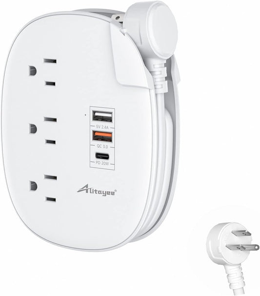 Alitayee PD20W USB C Travel Power Strip,3 Outlets 3 USB,3ft Wrapped Cord