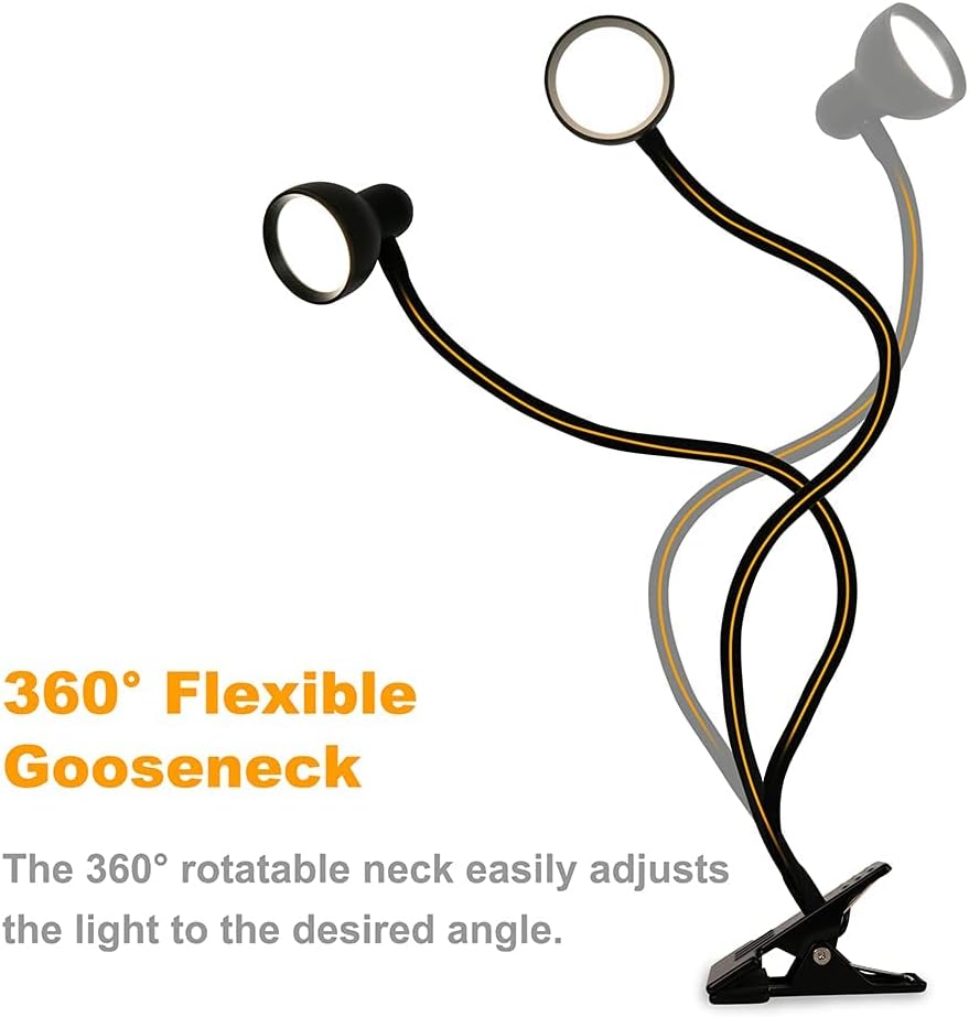 LiFMIRA Clip-on Reading Light - 3 Color Modes, 10 Dimmable Brightness,Black | Eye Care Clamp Desk Lamp with Flexible Gooseneck for Reading in Bed, Desk, Headboard, Computer