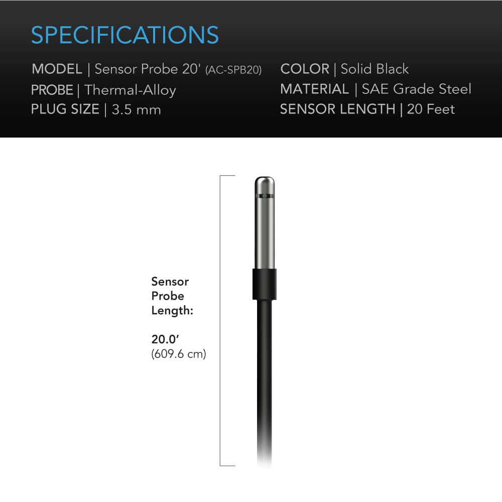 AC Infinity Controller Sensor Probe, Stainless Steel 20’ Waterproof Temperature Humidity Probe, Climate Detector for CLOUDLINE Airlift AIRTITAN AIRBLAZE CLOUDWAY T-Series Controllers