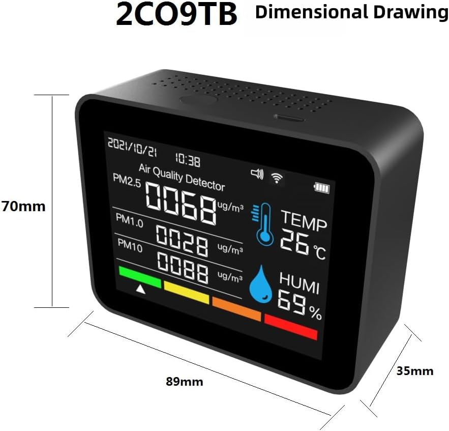 2CO9TB Smart WiFi Air Quality Monitor, Air Dust PM2.5 PM1.0 PM10 and Thermometer with Temperature and Humidity Alarm，Air Quality Tester for Bedroom, Indoor Detects，Smart Home