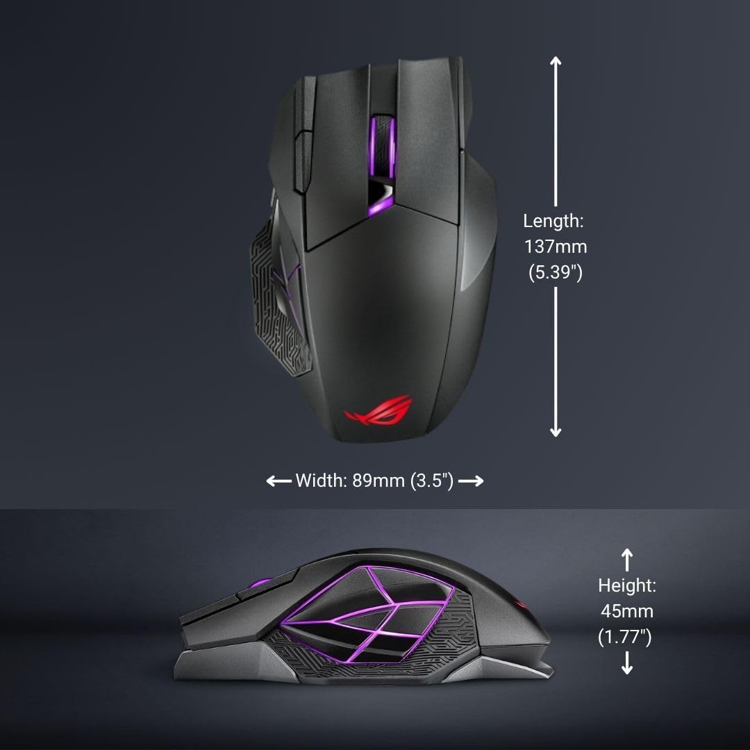 ASUS ROG Spatha X Wireless Gaming Mouse – MMO/MOBA Design, 12 Programmable Buttons, Right-Handed, 168g, Dual-Mode (Wired/2.4GHz), 19K DPI, up to 67Hr Battery, Magnetic Charging Dock, PC/Mac Support