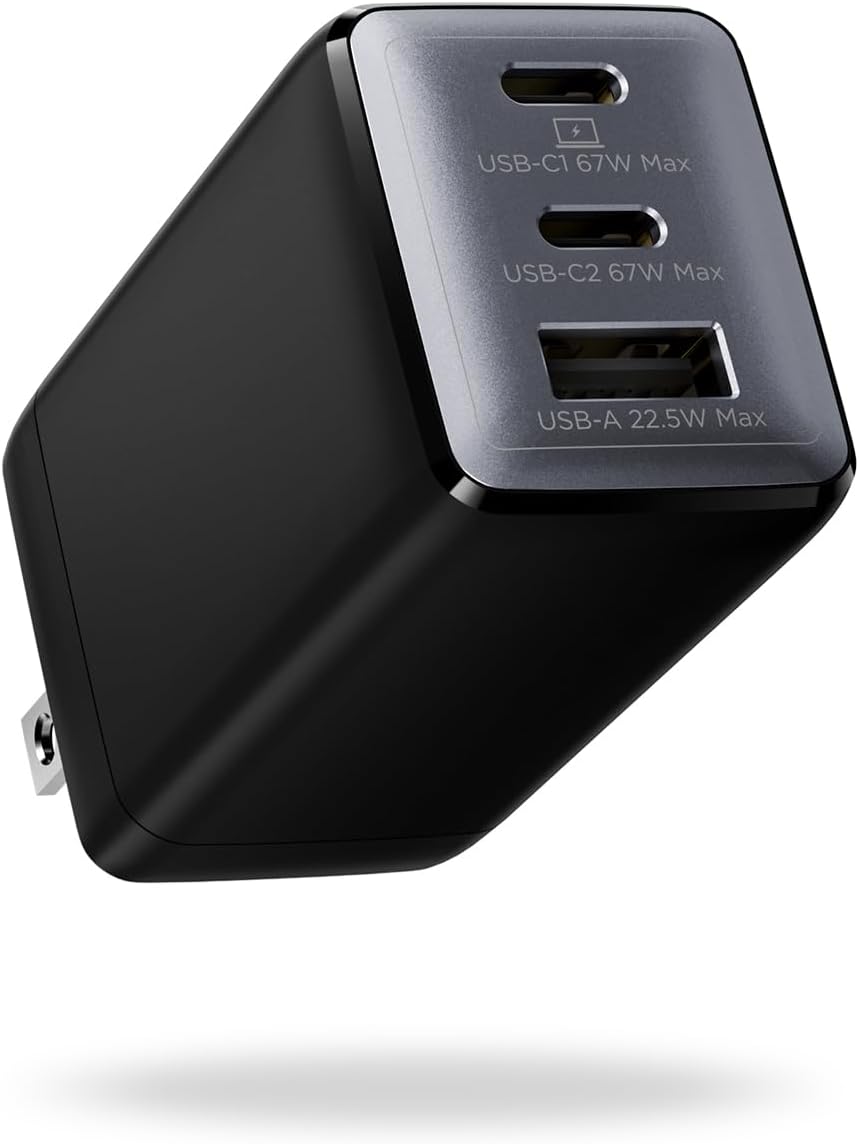 67W USB C Charger, 3-Port GaN Fast Charging Block with Foldable Plug, Compatible with MacBook Pro/Air, iPad Pro, iPhone 16/15/Pro, Galaxy S25/S24, Note20, Pixel, Apple Watch, (Black)