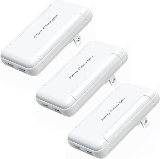 Flat USB Wall Charger, OKRAY Foldable&Extra-Slim 5v/3a Fast Charging Block | 3-Pack Dual USB-A Ports Charging Blocks Adapter Plug for iPhone 15 14 13 12 11 XR XS, iwatch 11, iPad, Galaxy S24 A16, Switch