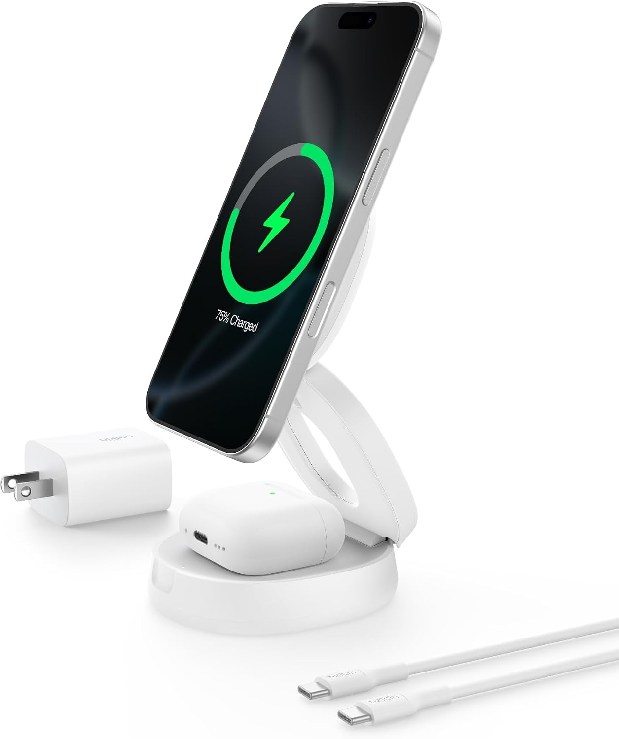 Belkin Qi2 15W Wireless Fast Charging Station, 2 in 1 iPhone Charger | Fast Charging, MagSafe Compatible, iPhone 17/16/15, AirPods, Travel Charger, Magnetic