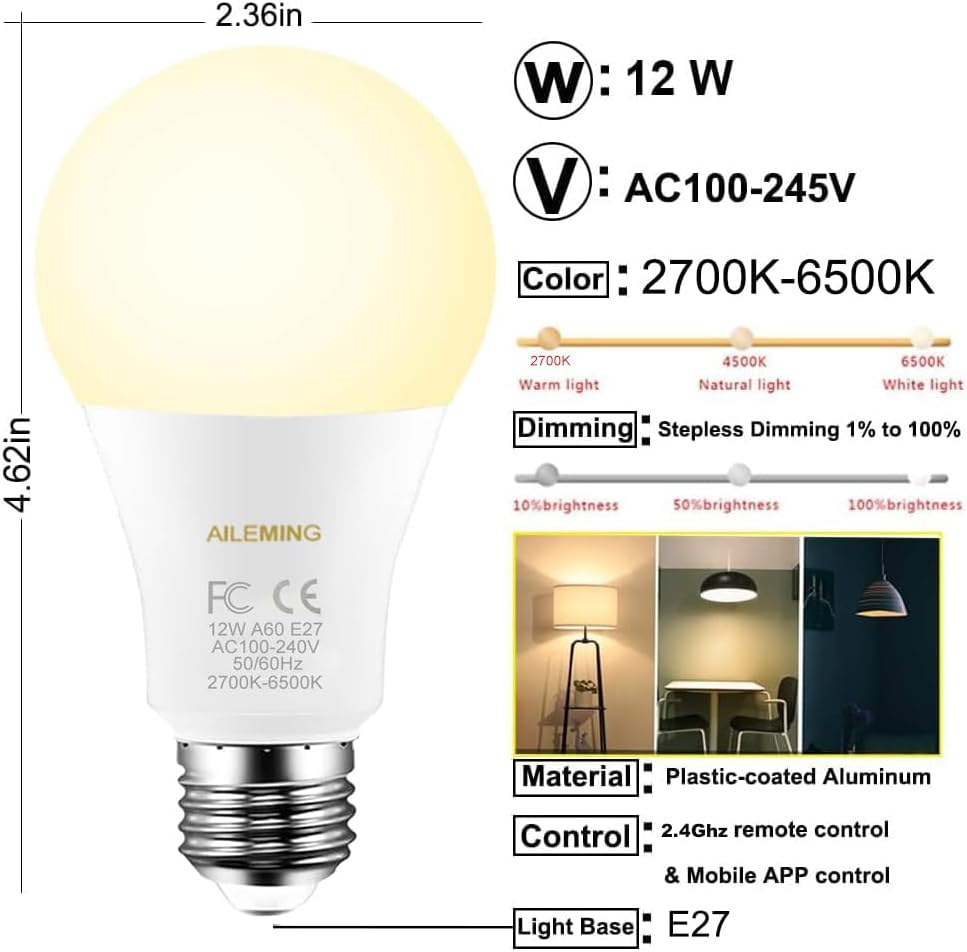 LED Bulb with a 2.4GHz Remote Control, A60 Smart Light Bulb for Lamp, Bedroom, Mood Soothing,12W 1000lm,100W Equivalent,Stepless Dimmable 1% to 100% 2700-6500K,2 Bulb & 1Remote