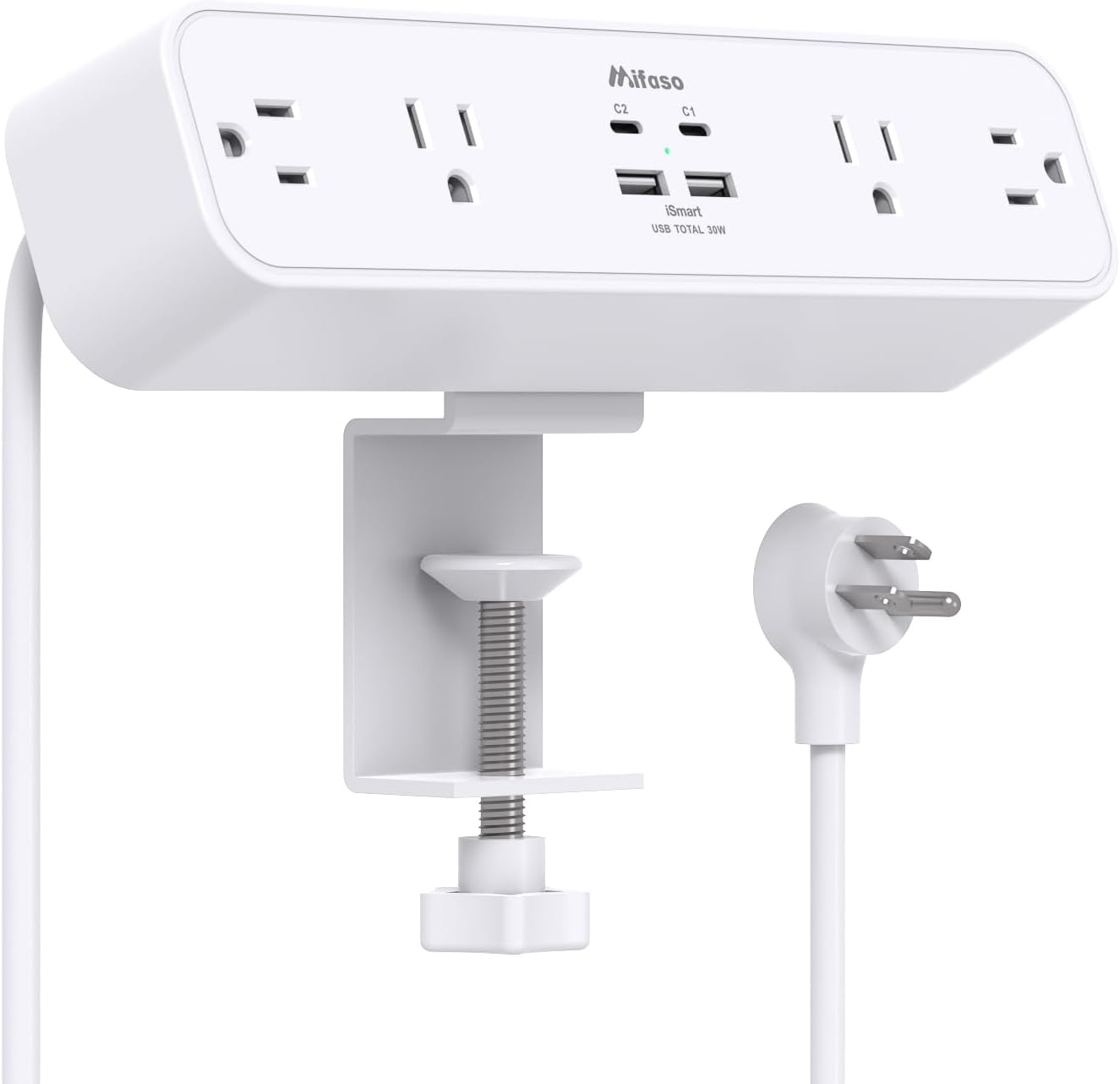 Mifaso PD30W Desk Clamp Power Strip, Surge Protector, Fast Charging Station | 4 Outlets, 4 USB (2 USB C), 5FT Extension Cord, Desk Organizer Gaming Accessories Office Essentials, Fits 1.96" Tabletop Edge