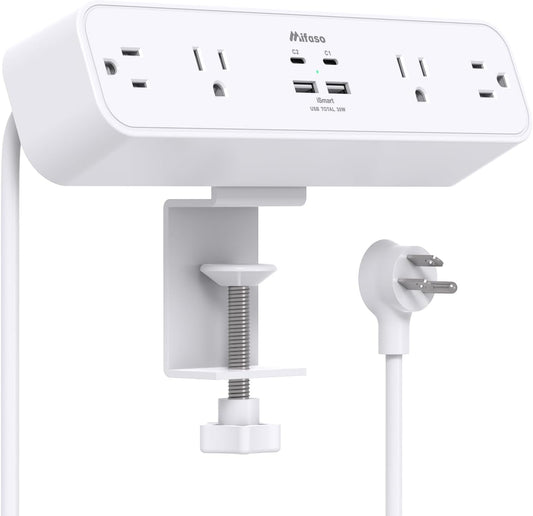 Mifaso PD30W Desk Clamp Power Strip, Surge Protector, Fast Charging Station | 4 Outlets, 4 USB (2 USB C), 5FT Extension Cord, Desk Organizer Gaming Accessories Office Essentials, Fits 1.96" Tabletop Edge