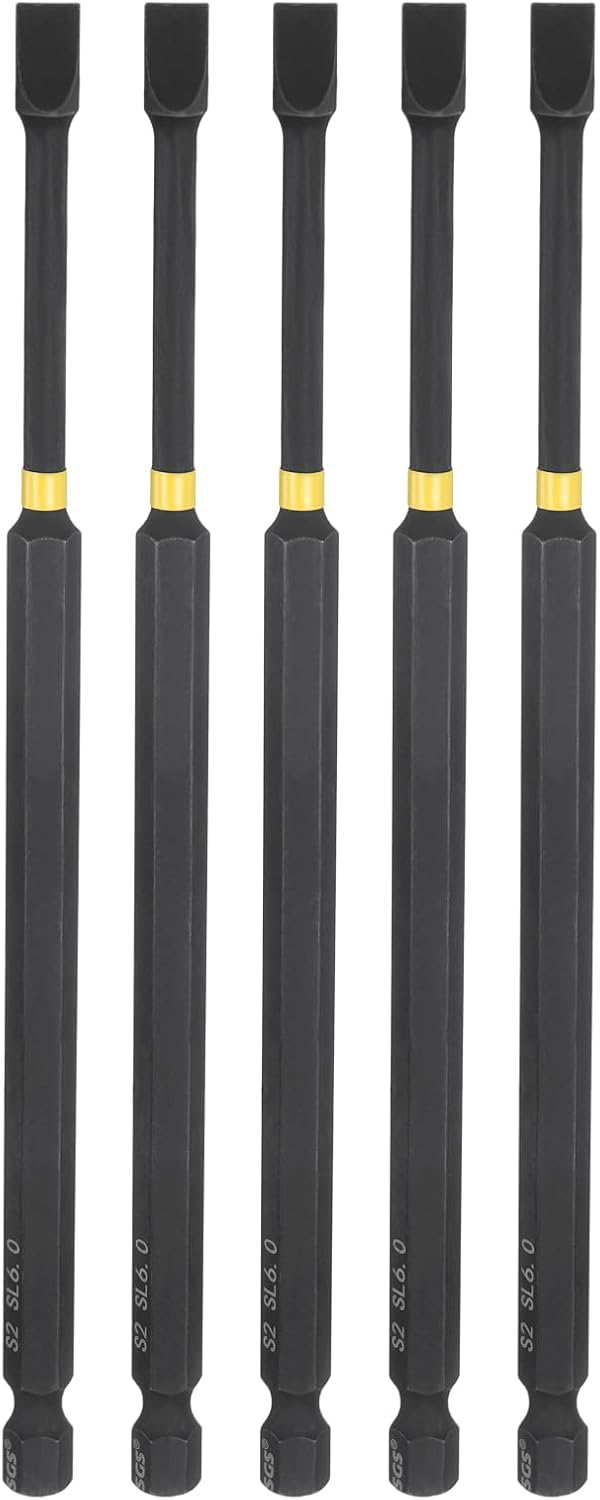 HARFINGTON 5pcs SL6 Slotted Impact Screwdriver Bits 6mm Slotted Tip 1/4" Hex Shank 150mm (6") Long Magnetic Flat Head Phosphated S2 Steel Screw Driver Drill Bits Electric Power Tool
