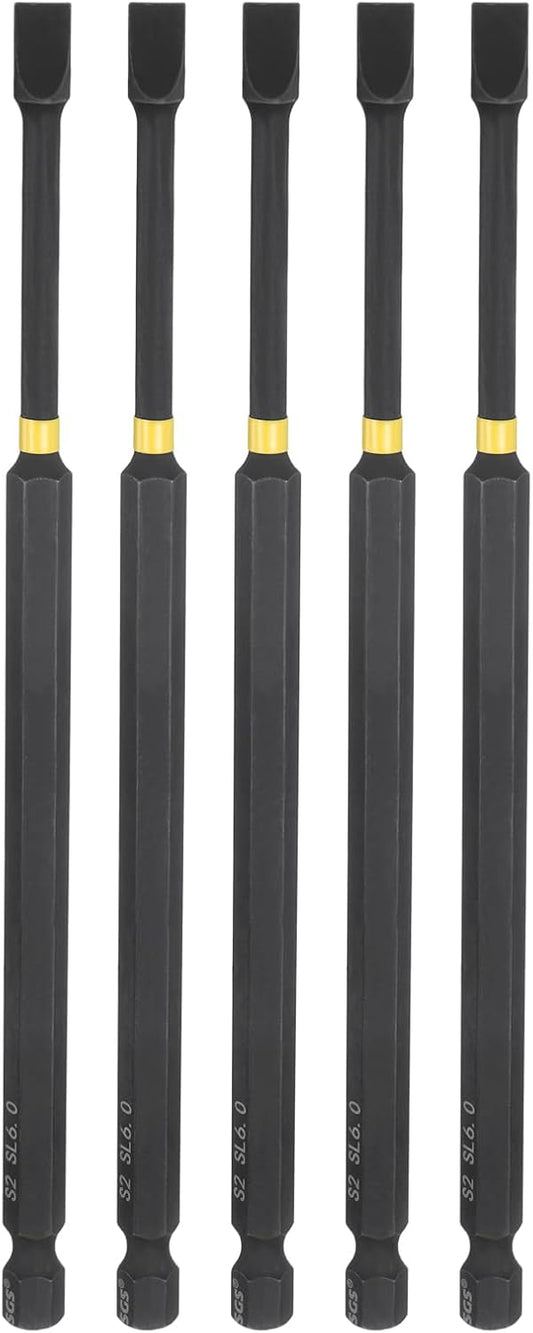 HARFINGTON 5pcs SL6 Slotted Impact Screwdriver Bits 6mm Slotted Tip 1/4" Hex Shank 150mm (6") Long Magnetic Flat Head Phosphated S2 Steel Screw Driver Drill Bits Electric Power Tool