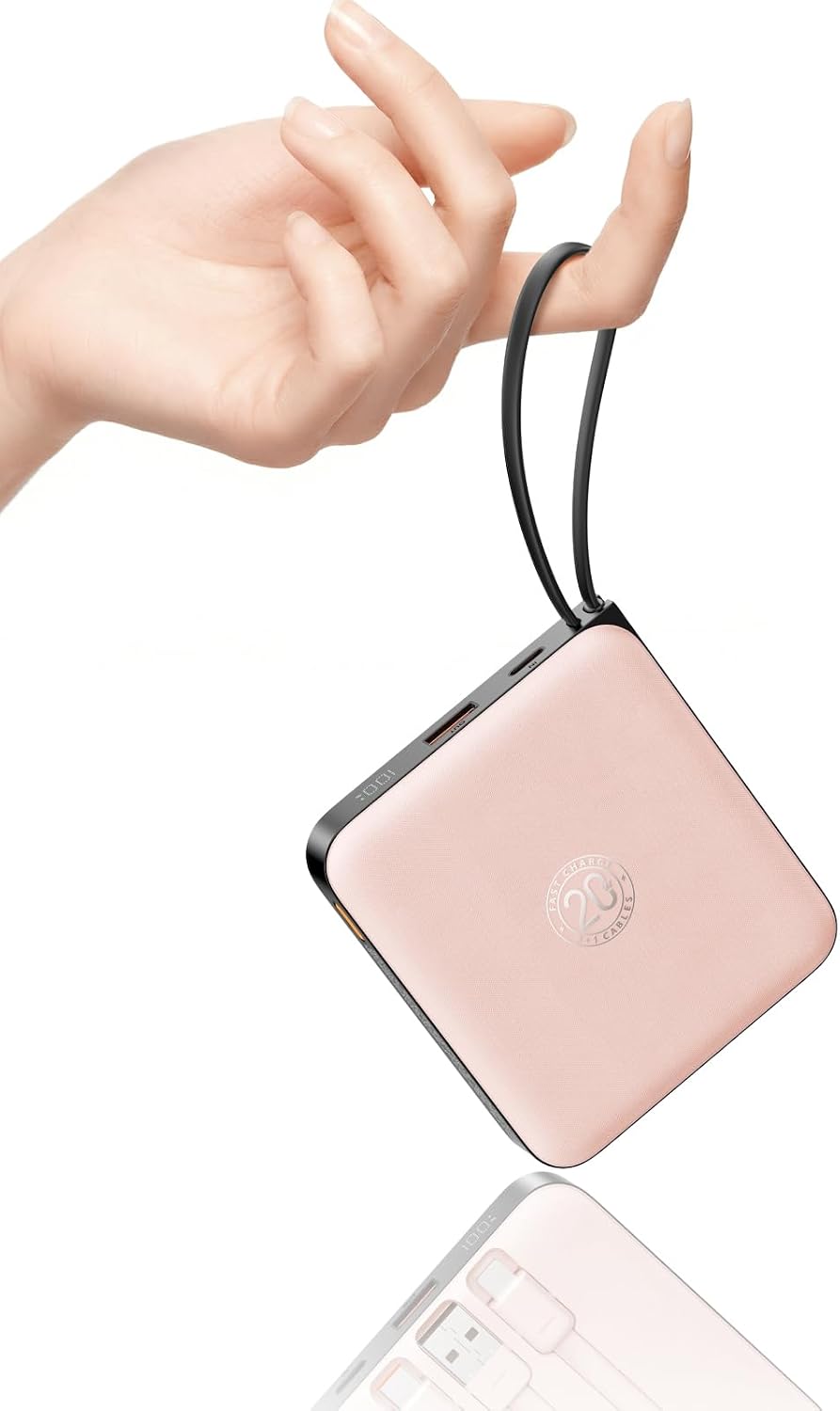 VRURC Portable Charger for iPhone Built-in Cables, 22.5W USB C Fast Charging 10000mAh Pocket Power Bank, Battery Pack for iPhone 17/16/15 & Samsung Galaxy Android Phone, Pink(1 Pack)