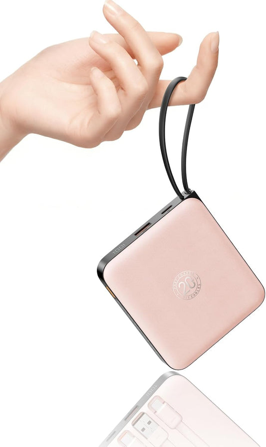 VRURC Portable Charger for iPhone Built-in Cables, 22.5W USB C Fast Charging 10000mAh Pocket Power Bank, Battery Pack for iPhone 17/16/15 & Samsung Galaxy Android Phone, Pink(1 Pack)