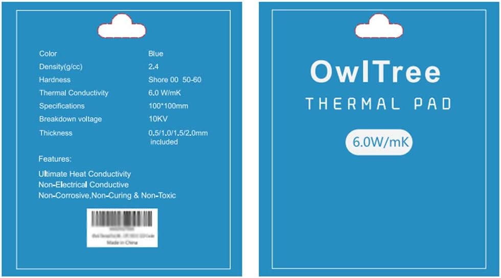 OwlTree 4 Pack Thermal Pad,100x100mm 0.5mm 1mm 1.5mm 2mm Highly Efficient Thermal Conductivity 6.0 W/mK,Heat Resistant Silicone Thermal Pads for Laptop Heatsink CPU GPU SSD IC LED Cooler