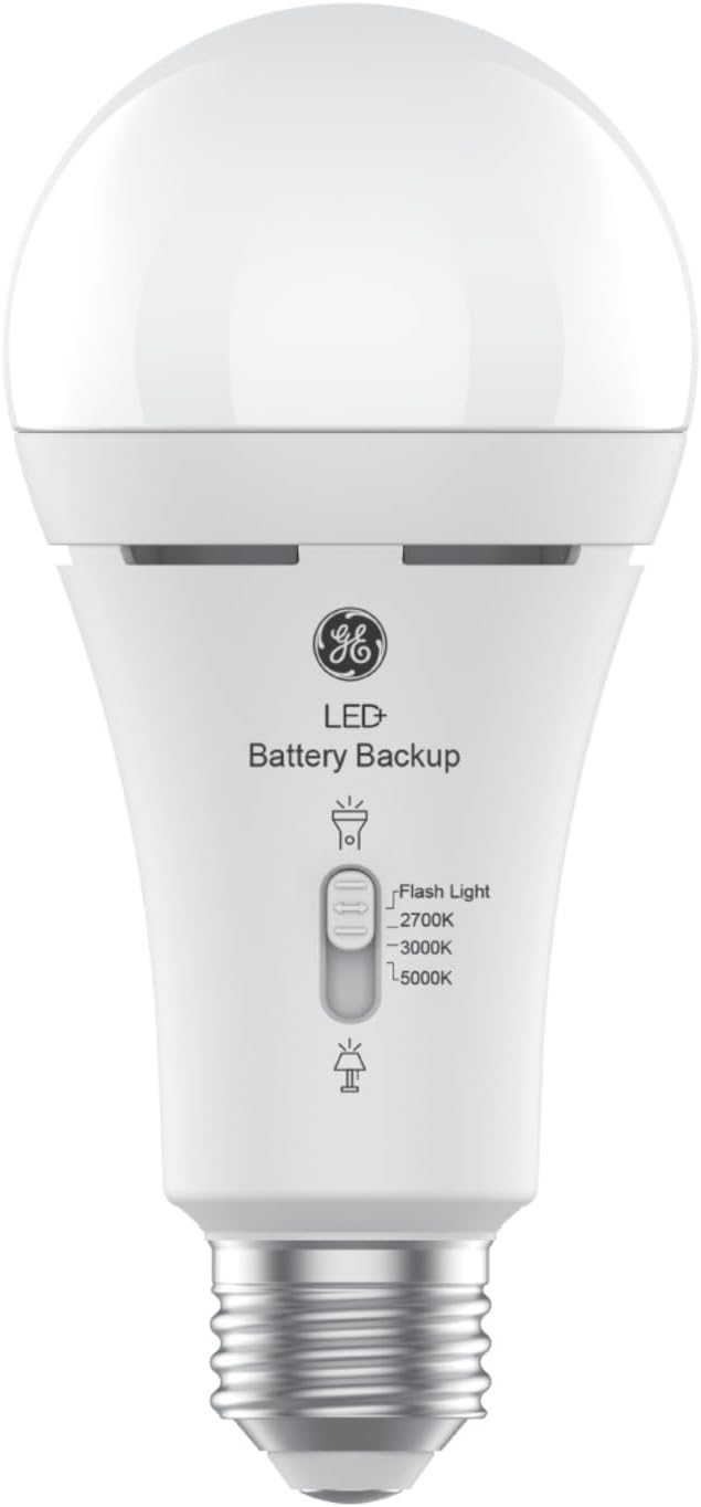 GE LED+ Battery Backup Emergency Light Bulbs A21, 3 Colors, 2 Pack | Stays on during power outages, built-in rechargeable battery, 3 color temperatures, A21 LED, flashlight mode, emergency ready