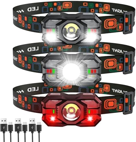 Rechargeable Headlamp Flashlight 3-Pack, 2000 Lumen Super Bright LED Headlight with Red Light, Headlamps for Adults Kid, Waterproof Lightweight Head Lamp for Outdoor Camping Running Hiking Fishing