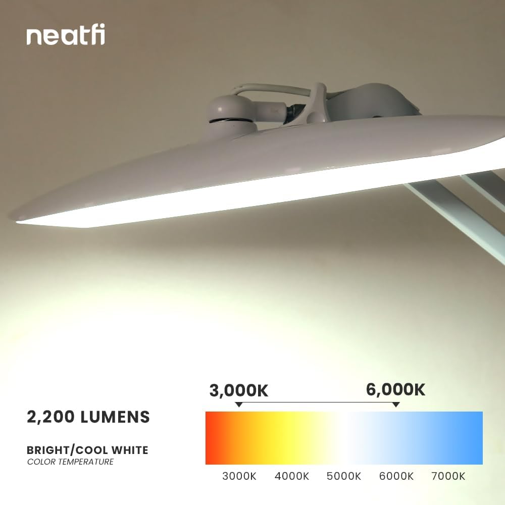 Neatfi XL 2200 Lumens 20W LED Desk Lamp with Clamp – Adjustable Color Temperature | 4-Level Dimmable Light | Home Office, Crafts & Workbench | 20-Inch Wide Head (White, CCT with Clamp)