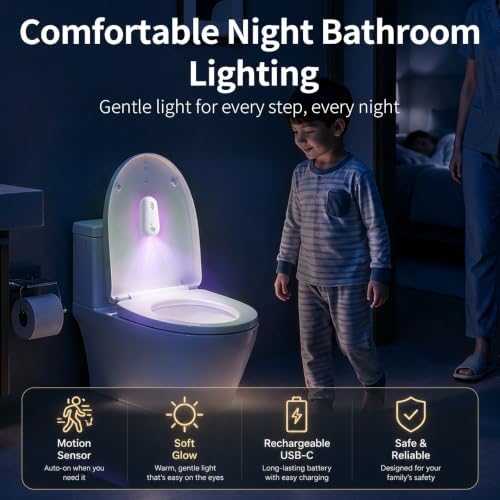 2 Packs Toilet Night Light with Motion-Activated, RGB Smart Toilet Bowl Night Light with USB Rechargeable, Waterproof, Adhesive-Mounted for Home/Shared Bathroom