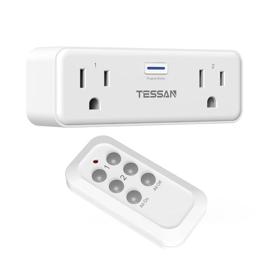 TESSAN Remote Control Outlet Plug, Wireless Switch with 2 Sockets | ON/Off Remote Outlet Switch for Indoor Lights, Lamps, Fans, Home Small Appliances, 100 Ft Range,1875W