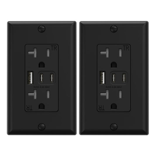 ELEGRP USB Outlets, 20 Amp Wall Outlet with 3 USB Ports, Dual USB C Ports Outlets, TR Tamper-Resistant USB Outlets Receptacles, Wall Plate Included, UL/CUL Listed, 2 Pack, Black