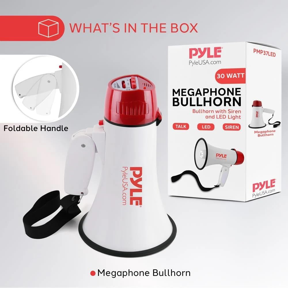 Pyle 30W Megaphone Bullhorn with Built-in Siren, LED Lights, Adjustable Volume Control, 800-Yard Range, Lightweight & Portable - Ideal for Football, Soccer, Baseball, Cheerleading & Safety Drills