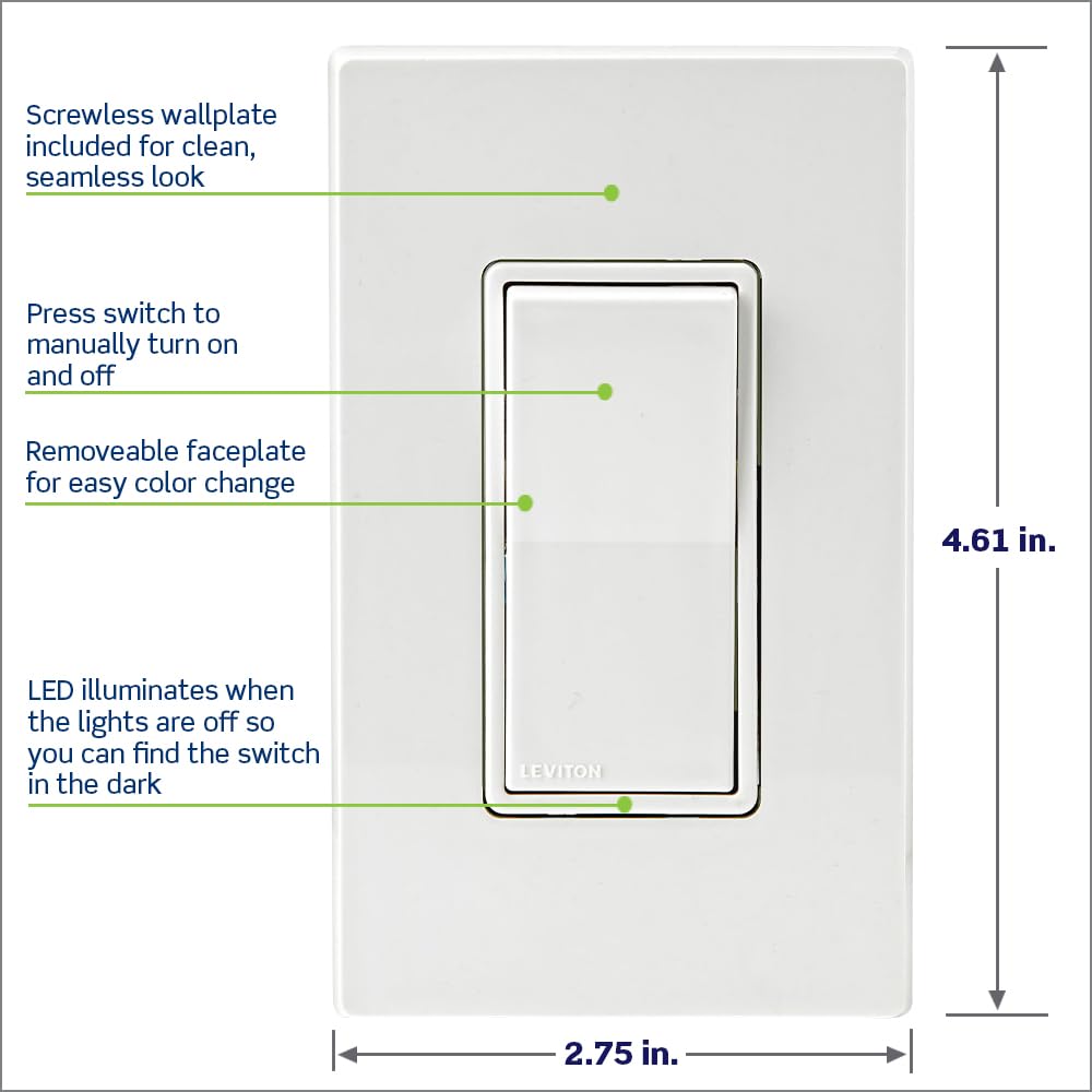 Leviton Decora Smart Switch, Wi-Fi 2nd Gen, Neutral Wire Required, Works with Matter, My Leviton, Alexa, Google Assistant, Apple Home/Siri & Wired or Wire-Free 3-Way, D215S-1RW, White