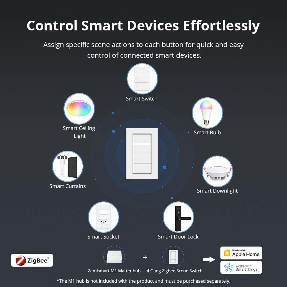 Wireless Zigbee Smart Button, 4-Way Remote Control Button Switch for Smart Home Devices, Scene Controller, Compatible with Tuya, Home Assistant, Homey, Hubitat, Requires Tuya Zigbee Hub