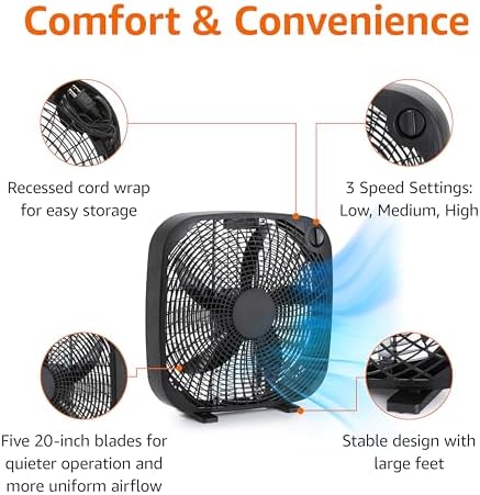 Amazon Basics 3-Speed Box Fan for Bedroom, Portable with Carry Handle, Powerful Airflow, 5 Blades, Lightweight Design, 67 Watts, 20-Inch, Black, 6.8"D x 20.86"W x 21.33"H