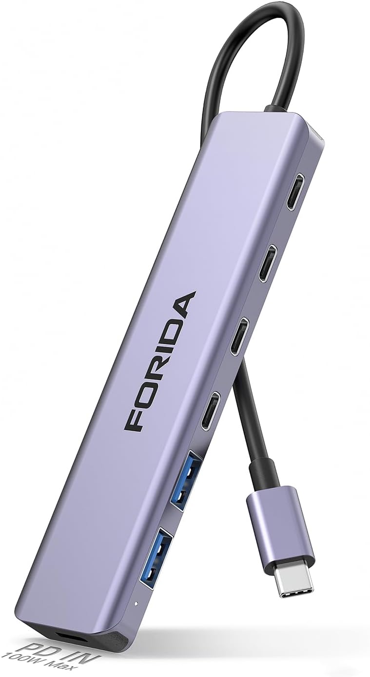 FORIDA Aluminum Alloy 10Gbps USB C Hub, Portable 7-Port Multiport USBC Splitter, 4 USB-C 3.2, 2 USB 2.0, 100W PD Fast Charging Port, USB 3.2 HUB for Laptops, MacBook, iPad, Surface Pro(Gray)