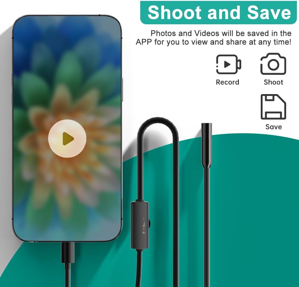 Endoscope with Light,1080P HD Borescope Camera with 8 Adjustable LED Lights 8mm Lens, Inspection Camera with 16.5ft Semi-Rigid Cable, Compatible with for iOS and Android