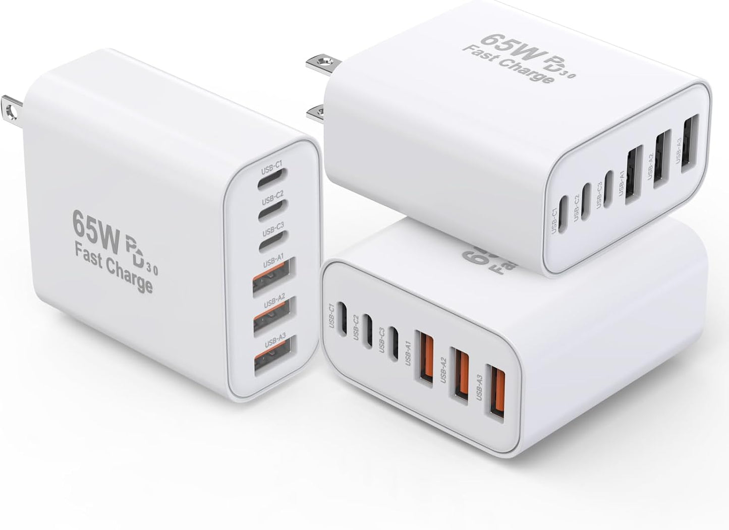 3 Pack 65W GaN Type C Wall Charger Block,6-Port Fast Charging Block,PD USB C Plug Adapter+QC Plug Compatible with Apple iPhone 17/17 Air/16E/16Pro Max/16Plus/16/15/14/13/12/11/XS Max,iPad Pro,AirPods