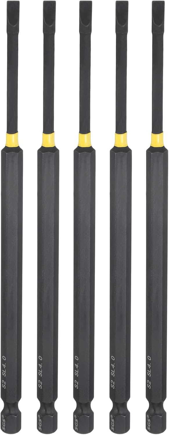 HARFINGTON 5pcs SL6 Slotted Impact Screwdriver Bits 6mm Slotted Tip 1/4" Hex Shank 150mm (6") Long Magnetic Flat Head Phosphated S2 Steel Screw Driver Drill Bits Electric Power Tool