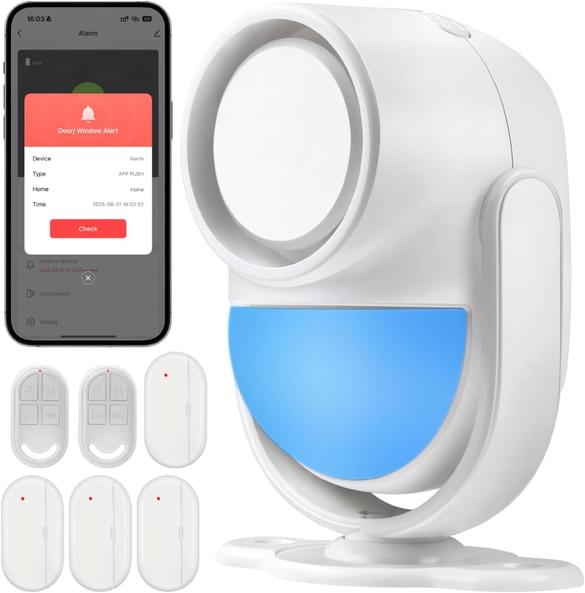 WiFi PIR Motion Detector Alarm with 4 Door Sensors and 2 Remote, Home Alarm System with Phone APP Alert for Home Ranch Van Carport Shop120db Extra Loud