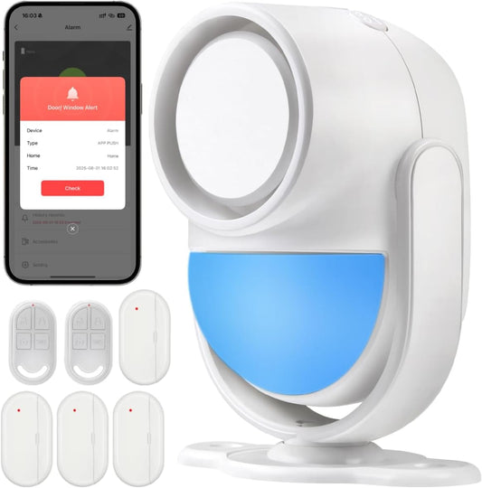 WiFi PIR Motion Detector Alarm with 4 Door Sensors and 2 Remote, Home Alarm System with Phone APP Alert for Home Ranch Van Carport Shop120db Extra Loud