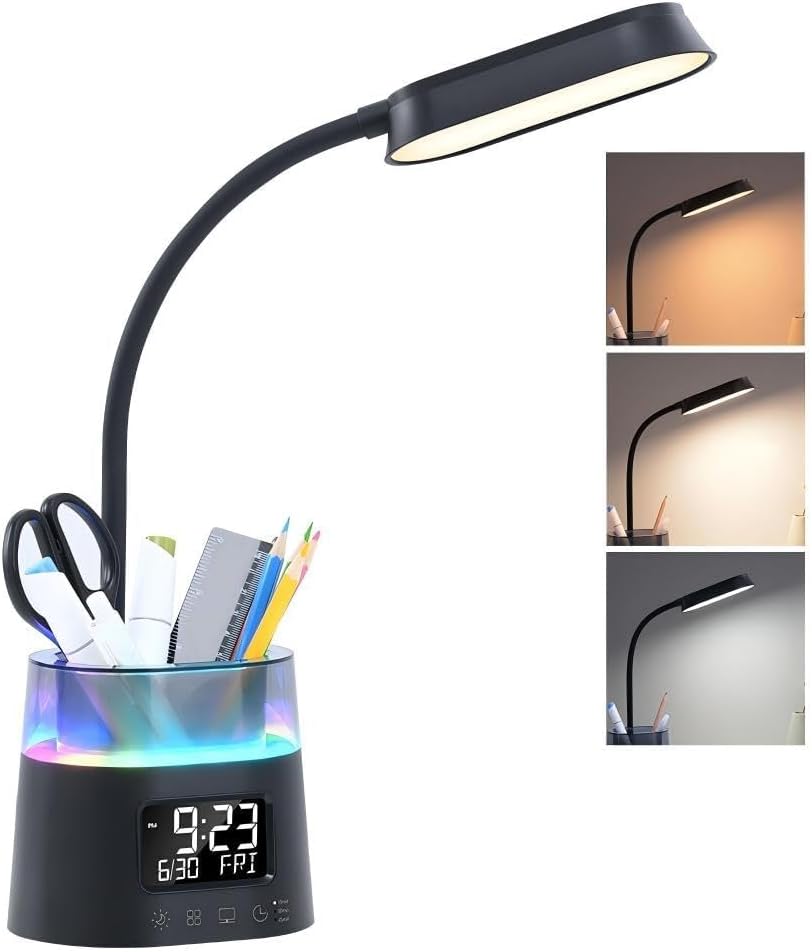 Led Desk Lamp with Pen Holder, Touch Lamps for Nightstand Eye-Caring Bedside Reading Light with Clock, Office Lamps Stepless Dimming, Lamp for Dorm Room, Suitable for Kid/Girl/Boy (Black)