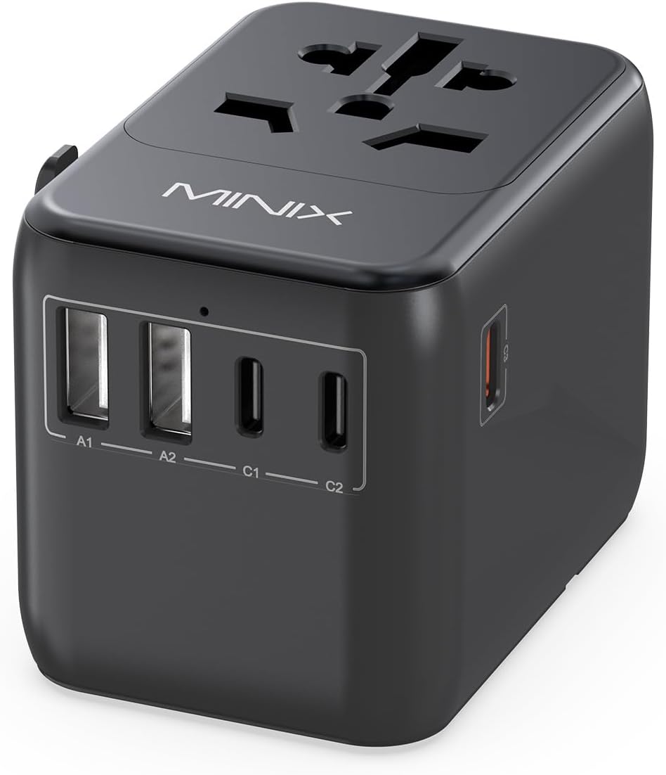MINIX 170W Universal Travel Adapter GaN III Travel Adapter Worldwide | 3 USB-C, 1 USB-A & AC Outlet, International Power Adapter for EU/UK/AU/US/JP for Laptops, Tablets (Not a Voltage Converter)