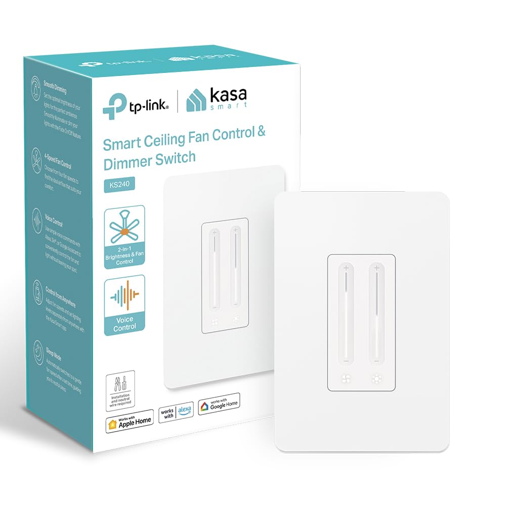 Kasa Smart Ceiling Fan Control & Dimmer Switch | Adjustable 4-Speed Fan & Brightness Control | Works w/Apple HomeKit, Alexa & Google Home | 2.4G Wi-Fi Only, Single Pole, Neutral Wire Required | KS240