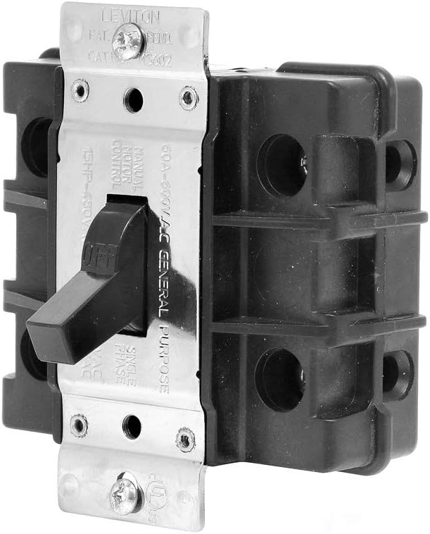 Leviton 60 Amp, 600 Volt, 2-Pole, Single-Phase Single Throw AC Manual Motor Controller, MS602-FW, Black