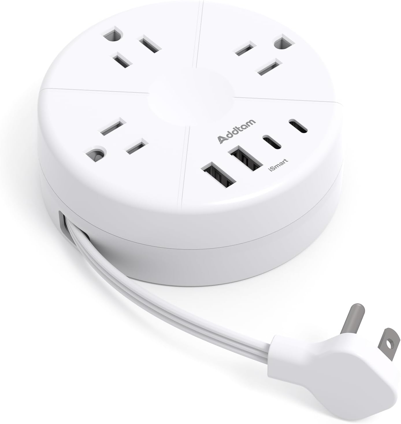 Travel Esstentials - Cruise Approved Power Strip with 5ft Retractable Cord | Ultra Thin Flat Plug, Addtam 3 Outlets 4 USB (2 USB C), Non Surge Protector for Travel/Cruise/Home/Dorm/Office, ETL Listed