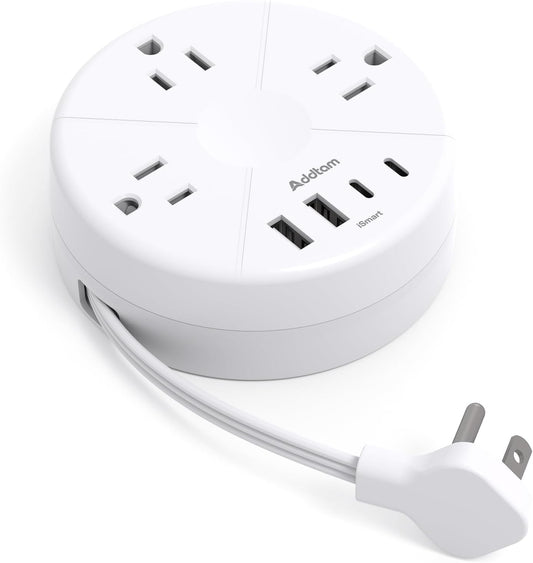 Travel Esstentials - Cruise Approved Power Strip with 5ft Retractable Cord | Ultra Thin Flat Plug, Addtam 3 Outlets 4 USB (2 USB C), Non Surge Protector for Travel/Cruise/Home/Dorm/Office, ETL Listed