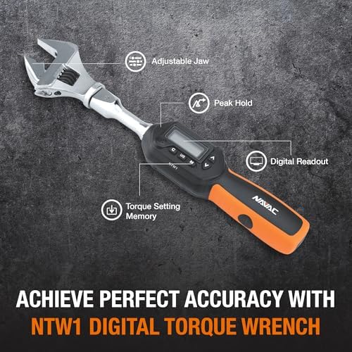 NAVAC NTW1 Digital Torque Wrench - Adjustable Jaw - Digital Readout - Torque Settings Memory - Dual Direction - Selectable Measuring Units - Indicator Lights and Sound - 1 Year Warranty