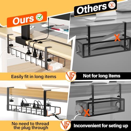 2 Pack Cable Management Under Desk Tray, 31.4" No Drill Under Desk Wire Management with Upgraded Clamp, Metal Cord Organizers for Desk with Cable Organizers, PC Cable Management Rack, Black